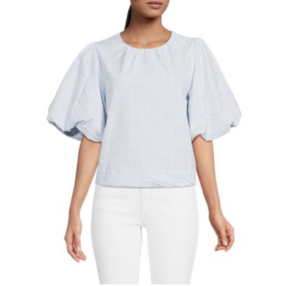 JOE'S Cotton Seersucker Puff Sleeve Top In Blue White Stripe Size Small